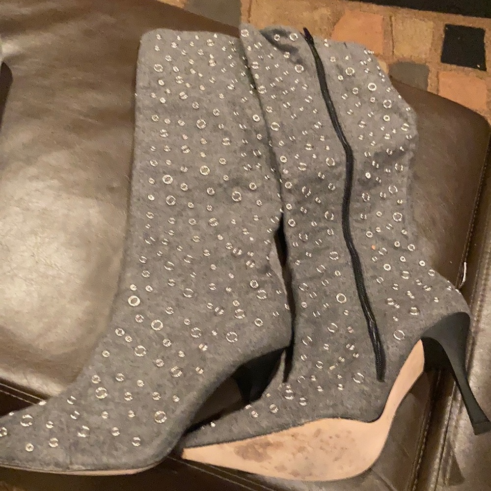 Knee high grey boots with silver ring detail